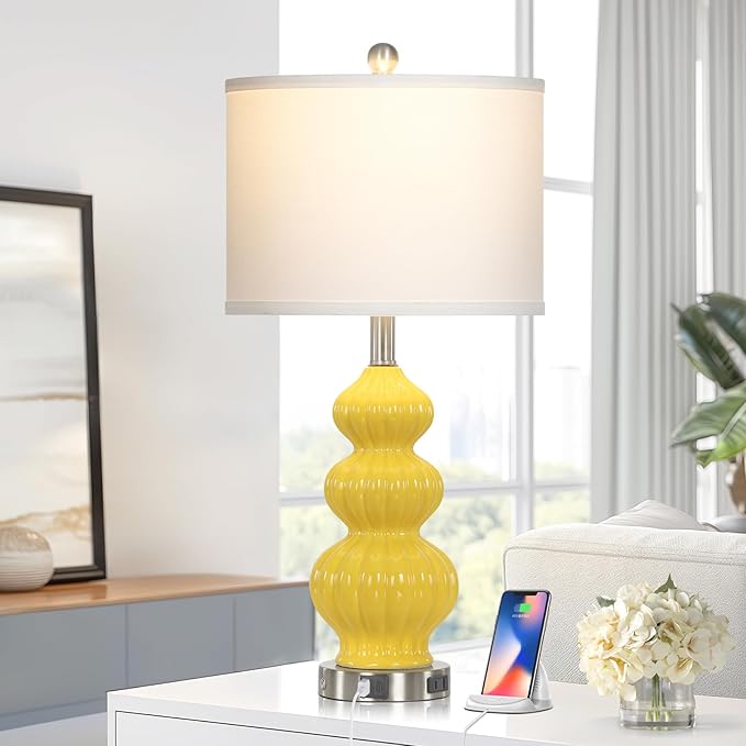26" Set of 2 Yellow Ceramic Table Lamps with USB A+C Ports & AC Outlet, 3-Way Dimmable Gourd Bedside Nightstand Lamps with White Shade for Bedroom, Living Room, Office - Bloomnest