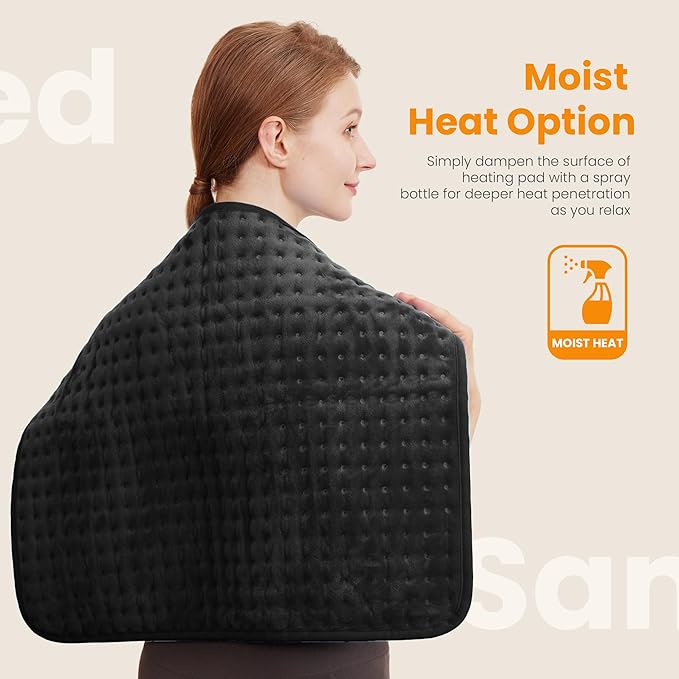 Electric Heating Pad for Back Pain Relief & Cramps - 6 Heat Settings,Auto Shut Off,Moist Heat Options,Portable Heated Pads for Neck/Shoulder Machine Washable Gift for Men Women,Black,20"x24" - Bloomnest