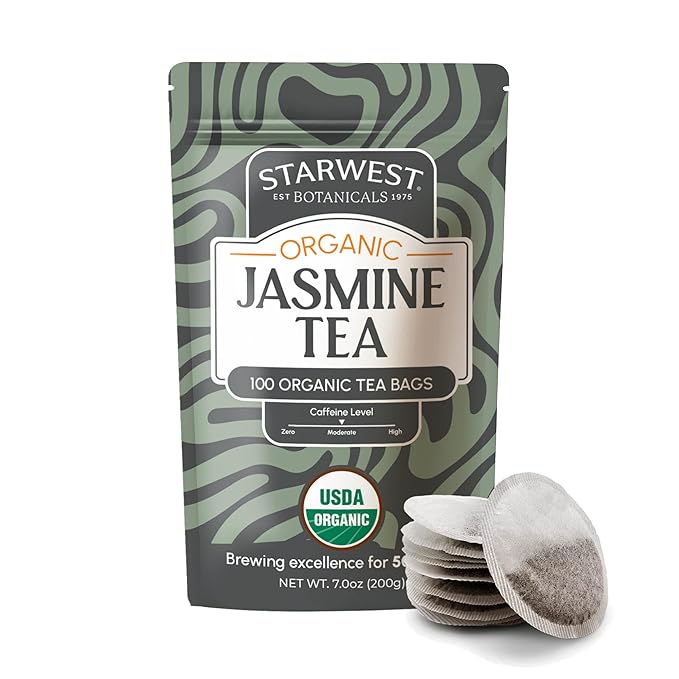 Starwest Botanicals Organic Jasmine Tea - Caffeinated Herbal Blend, Green Tea Scented with Natural Jasmine Flowers, Fragrant & Uplifting, Enjoy Hot or Iced, USDA Organic - Bulk Pack, 100 Tea Bags - Bloomnest