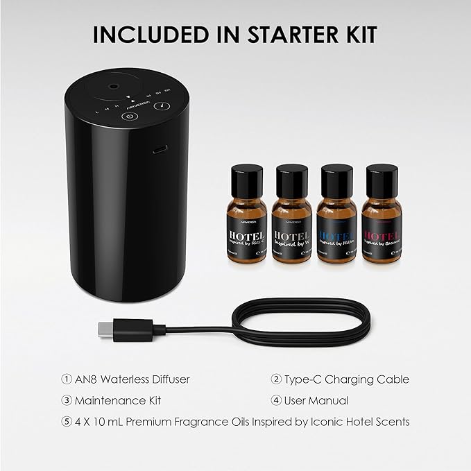 Airversa Waterless Essential Oil Diffuser Starter Kit with 4 x 10mL Hotel Scent Fragrance Oil, Battery Operated Mini Scent Air Machine Portable Diffuser for Home Car Office, AN8 Kit Black - Bloomnest