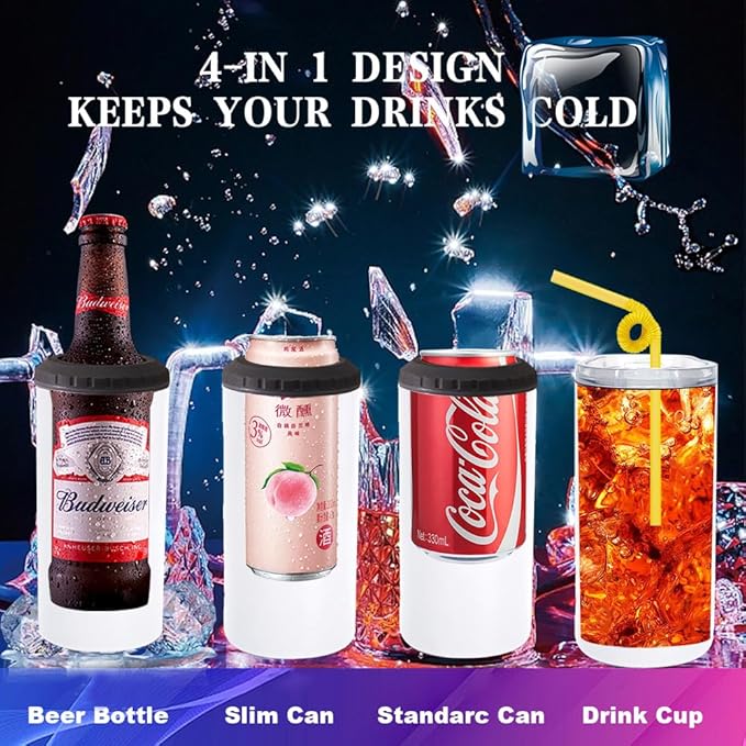 1 Pack 16 oz Sublimation Blank tumblers Skinny 4 in 1 Can Cooler with 2 lid Stainless Steel Double Wall Insulated Beer Bottle Holder Slim Can Coolers for Drinks - Bloomnest