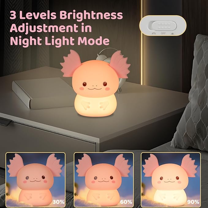 Axolotl Night Light for Kids, Rechargeable LED Silicone Lamp with 7 Colors Changing, Adjustable Brightness, Touch Control, Cute Room Decor, Bedside Nightlight, Birthday Gifts for Boys and Girls - Bloomnest