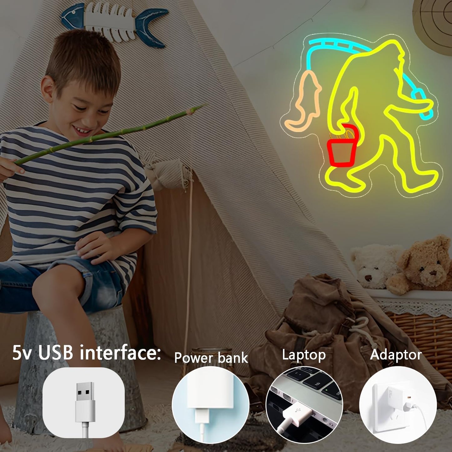 Bigfoot Fishing Neon Sign Dimmable Sasquatch Neon Sign for Wall Decor Bigfoot Neon Light Up Sign for Bedroom Holiday Birthday Christmas Gifts for Friends Kids