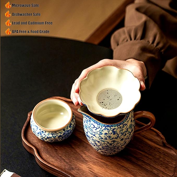 Ceramic Tea Infuser Strainers with Support Holder Saucer - Blue and White Porcelain Entangled Lotus Floral Pattern, Fine Mesh Loose Leaf Tea Colander Filter Kungfu Tea Ceremony Utensils