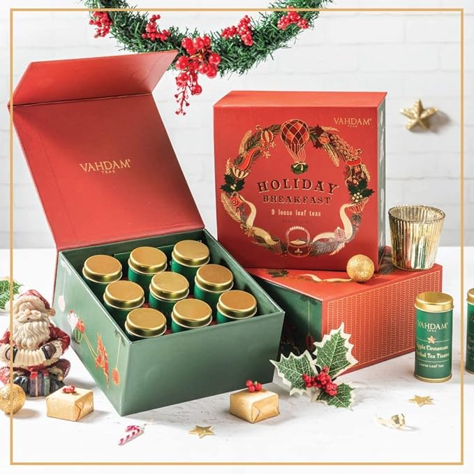 VAHDAM, Holiday Breakfast - Christmas Tea Gift Sets (90+ Cups) 9 Loose Leaf Teas - Luxury Gift Box | Christmas Gifts For Women, Men & Adults I Holiday Tea Gift Box - Bloomnest