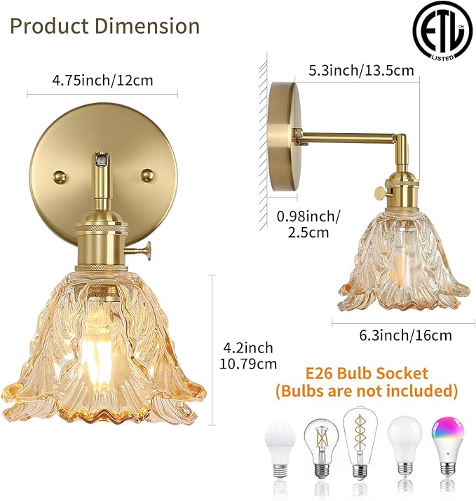 Vintage Wall Sconces Set of 2, Cabbage Amber Lampshade & 180 Degree Adjustable, Brass Wall Lights, for Bedroom Living Room Hallway Aisle, Bulbs Not Included, ETL Listed - Bloomnest