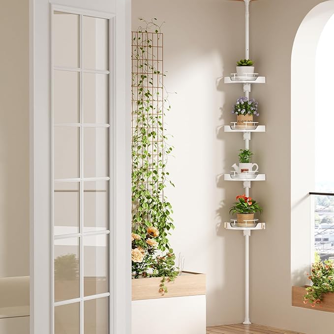360° Rotating Corner Shower Caddy Tension Pole Organizer - 4-Tier Adjustable Rustproof Metal Pole, Plastic Shelves with Safety Guardrail, Bathroom Storage for Shower & Bathtub(White) - Bloomnest