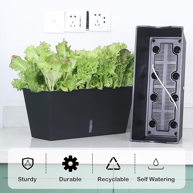 Window Box Planter 6 Pcs, 16.5 Inches Self Watering Rectangle Flower Plant Pots with Drainage Holes Trays, Vegetable Planters for Windowsill Patio Garden Balcony Porch Yard (Black) - Bloomnest