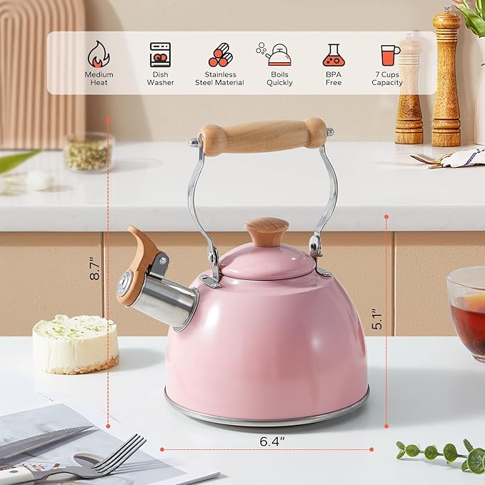 ROCKURWOK Tea Kettle, Tea Pot with Cool Touch Ergonomic Handle, Teapot Food Grade Stainless Steel, Tea Kettle Stovetop, Kettle Teapot, Whistling Tea Kettles, Small Tea Pot, 1.6 Quart (Pink) - Bloomnest