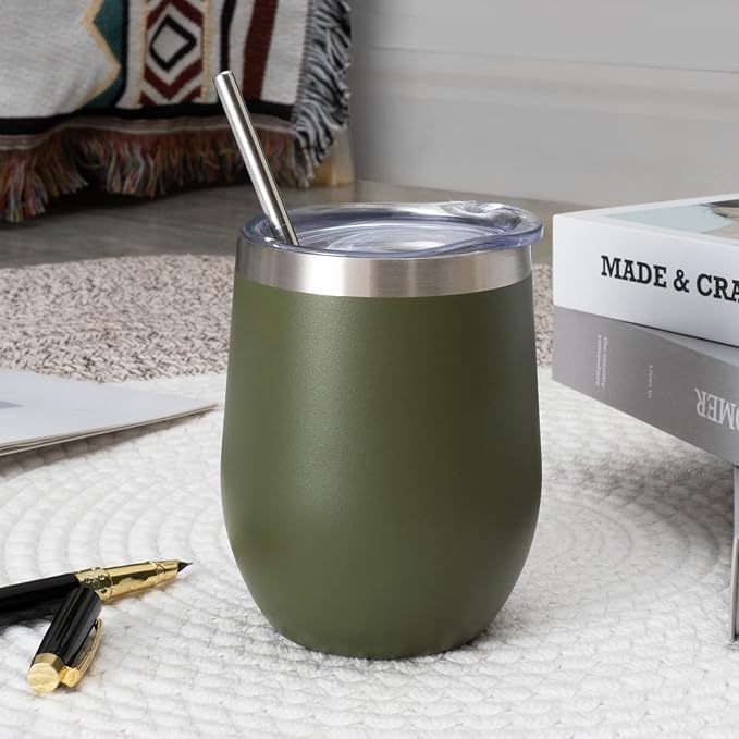 12 oz Insulated Wine Tumbler with Lid and Straw,Stainless Steel Stemless Wine Tumbler Glasses Double Wall Vacuum Wine Cups Tumbler for Coffee,Cocktail,Office（Navy Green,1） - Bloomnest