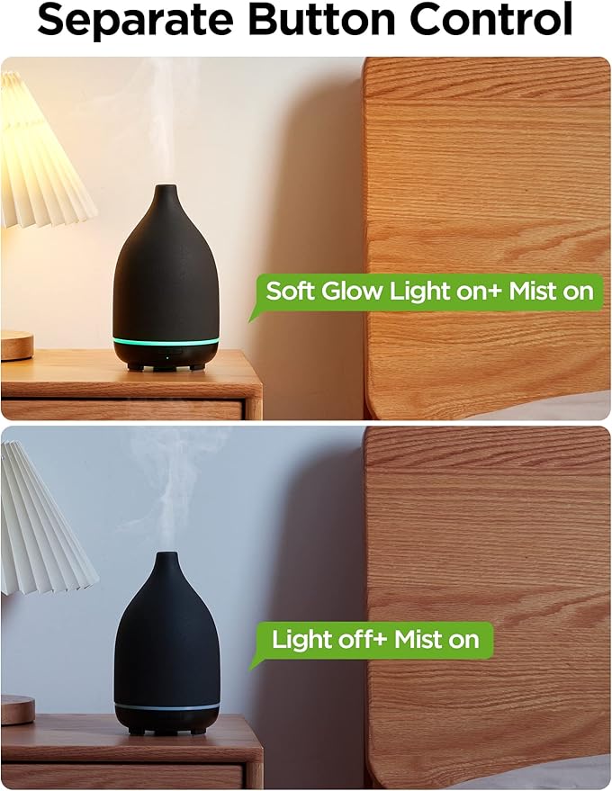 InnoGear Oil Diffuser, 150ML Ceramic Diffuser for Essential Oils Handcrafted Aromatherapy Diffuser Ultrasonic Cool Mist Humidifier with 2 Mist Modes Waterless Auto Off for Room Office, Black - Bloomnest