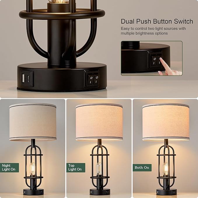 Black Table Lamps for Living Room Set of 2, 22.3" Farmhouse Lamps for Nightstand, Industrial Table Lamps for Bedroom with USB Ports, Bulbs Included - Bloomnest