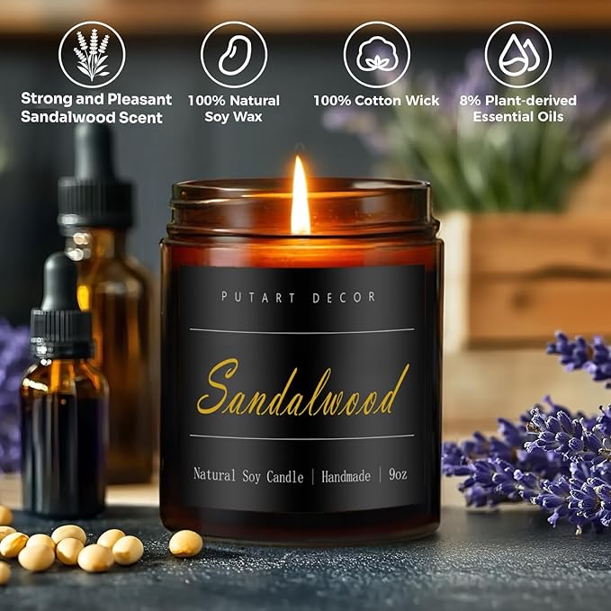 Sandalwood Scented Candles for Home, 9oz Natural Soy Wax Aromatherapy Organic Santal Candle for Stress Relief, Long Burning & Lasting Jar Candle Gifts for Birthday, Housewarmings, Thanksgiving - Bloomnest