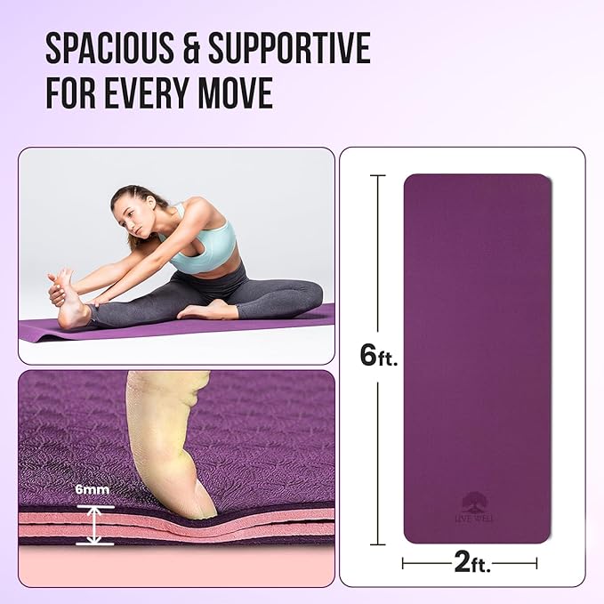 MHW - Live Well Thick Non-Slip Yoga Mats for Home Workout – Eco-Friendly Cork & TPE Yoga Mats | Extra Wide, Long, Foldable, Odorless Exercise Mats with Strap & Bag – Travel-Friendly & Portable