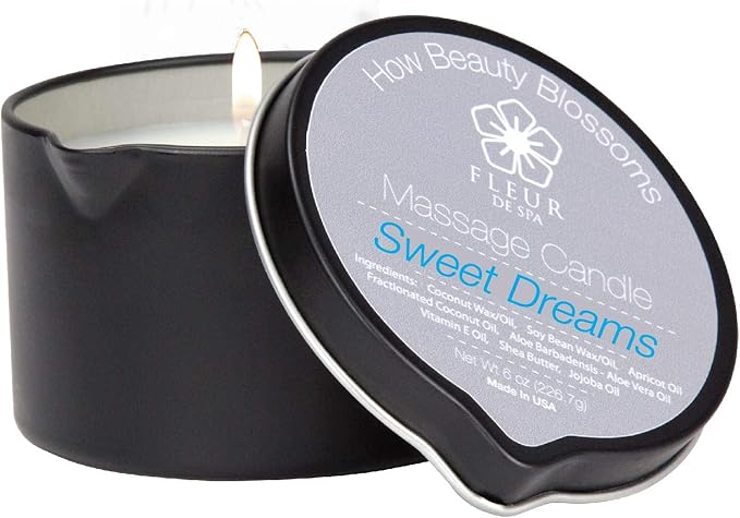 FLEUR DE SPA Massage Oil Candle – 6oz with Pour Spout – Made in USA – All Natural Coconut & Soy Blend – Melts to Warm, Alluring & Hydrating Body Oil – Perfect Spa & Gift Candle (Sweet Dreams) - Bloomnest