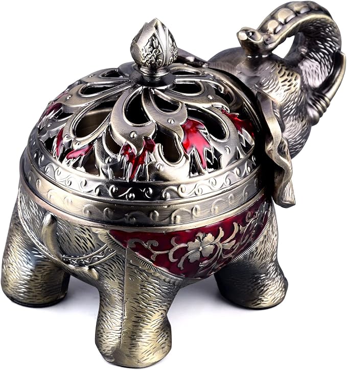 K COOL Metal Backflow Incense Holder Elephant Cone Incense Burner Candle Holder with Lid, Aromatherapy Ornament Home Office Decoration for Indoor Outdoor (Red) - Bloomnest