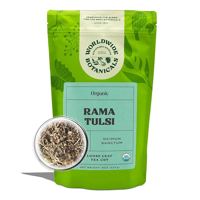 Worldwide Botanicals Organic Holy Basil Tea, 8oz - Tulsi Rama - Loose Leaf Premium Herbal Tea, 100% Pure Tulsi Holy Basil, Fair Trade, Adaptogenic, Kosher - Bloomnest