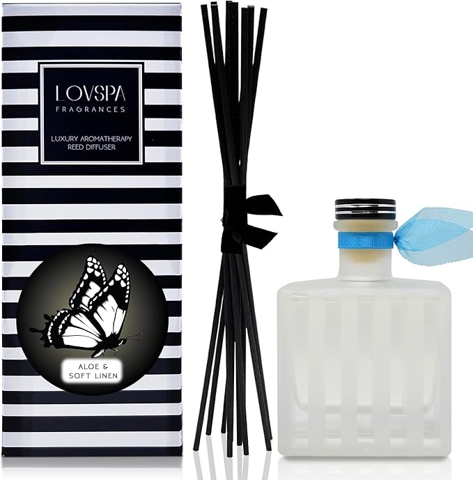 LOVSPA Reed Diffuser Set, Aloe & Soft Linen Scented Oil Diffuser with Sticks, Home Fragrance Accessories for Bathroom Shelf Decor, Aroma Diffusers for Home or Office Desk, USA Made