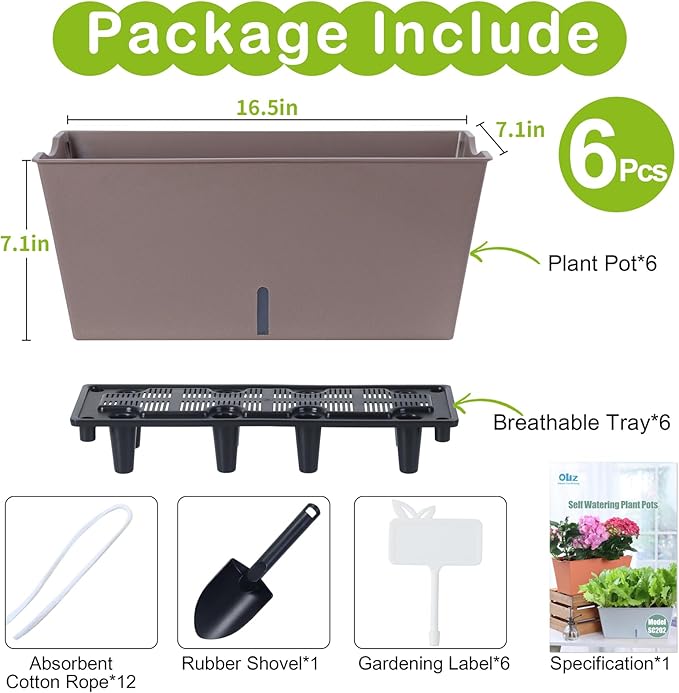 Window Box Planter 6 Pcs, 16.5 Inches Self Watering Rectangle Flower Plant Pots with Drainage Holes Trays, Vegetable Planters for Windowsill Patio Garden Balcony Porch Yard (Khaki) - Bloomnest