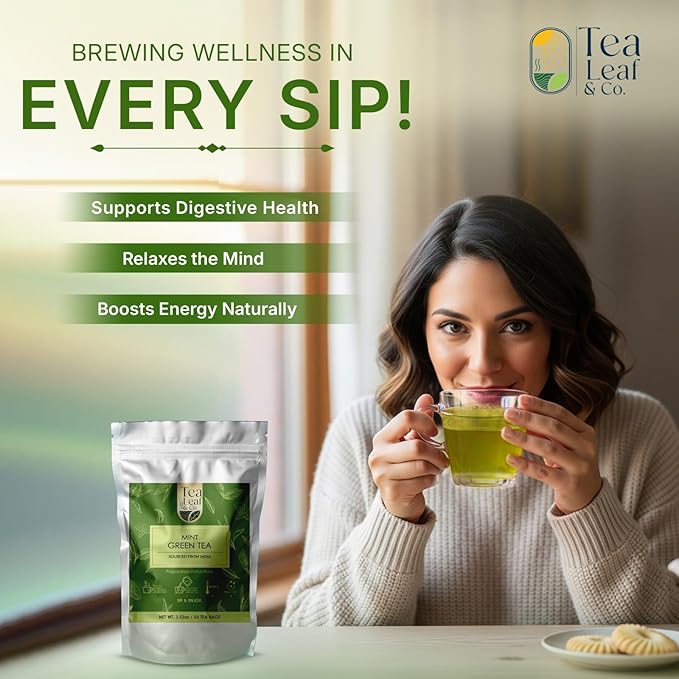 Tea Leaf & Co. Mint Green Tea Bags (50), Green Tea w/ Peppermint & Spearmint, Caffeinated, Real & Natural Green Tea, Blended with Fresh Herbs & Spices - Bloomnest