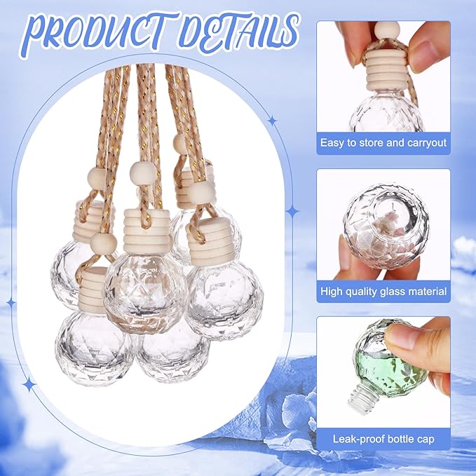 60 Pcs Hanging Car Air Freshener Car Diffuser Bottle Empty Glass Perfume Bottles Air Freshener Diffuser Bottle Pendant for Essential Oils Fragrance Aromatherapy Ornament Decor (Round Diamond) - Bloomnest