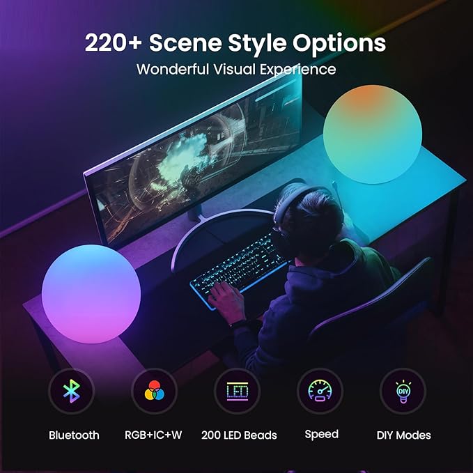 LOFTEK Color Changing Night Light, Smart LED Lamp with Bluetooth APP and Remote Control, Music Sync, 220 Scene Modes, 12-inch RGB Ball Mood Lighting for Living Room, Bedroom Event(Corded Electric) - Bloomnest