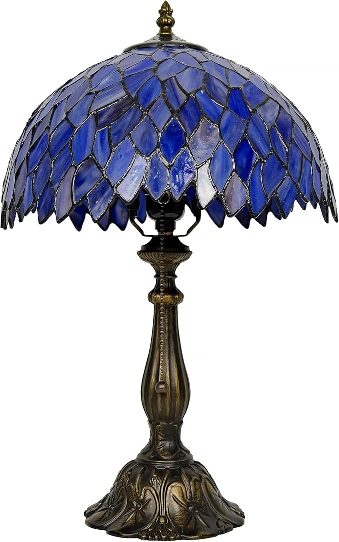 Tiffany Style Table Lamp Vintage Stained Glass Desk Lamp Deep Blue Purple Wisteria Bedside Reading Light Decor Bedroom Living Room Home Office D12 xH18 - Bloomnest