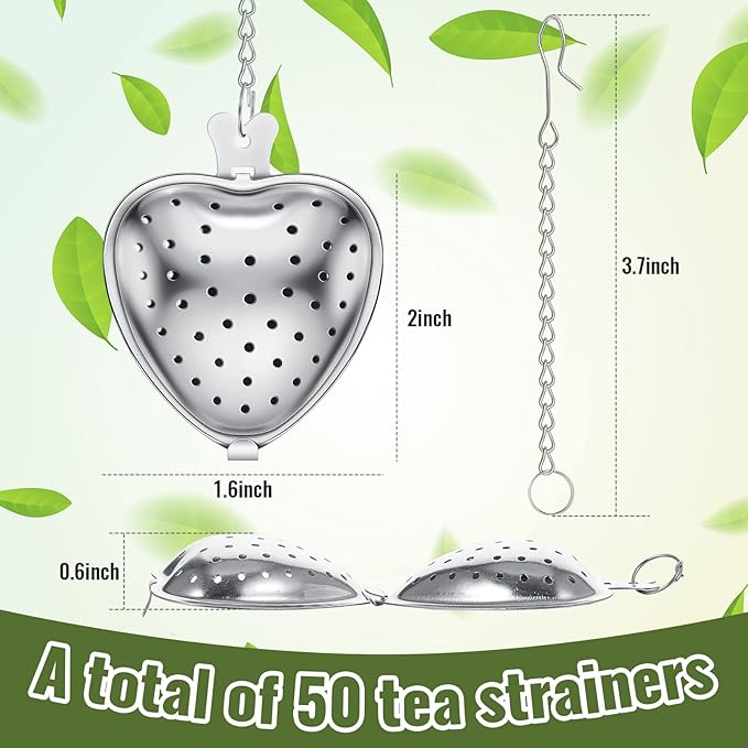 Sumind 50 Pcs Stainless Steel Tea Strainer Ball Infuser Loose Leaf Steeper Interval Diffuser Heart Shape Mesh Filters with Extended Chain Hook for tea party Seasonings Cup Bottle(Silver) - Bloomnest