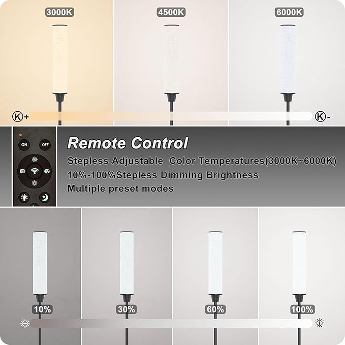 Floor Lamp with Remote Control, Floor Lamps for Living Room/Bedroom/Office, Stepless Adjustable 3000K-6000K Colors and 10-100% Brightness,Standing Light with Foot Switch (Black+Beige Linen) - Bloomnest