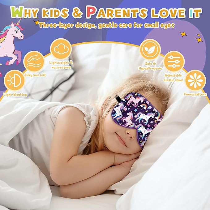 Silk Kids Sleep Mask: 100% Mulberry Silk Eye Mask, Sleeping Masks with Adjustable Strap, Soft & Light-Blocking Printed Kid Eye Cover for Boys Girls Teens Aged 5-15 (Horse Theme) - Bloomnest