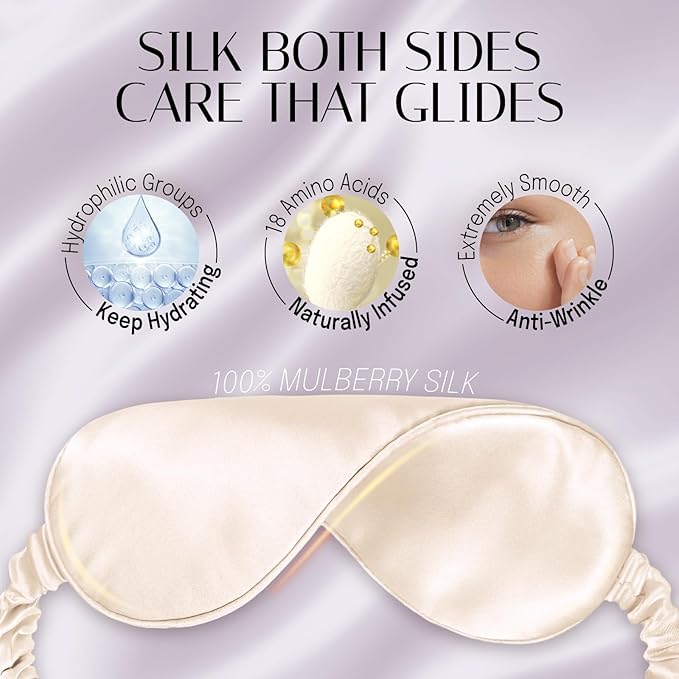 Silk Sleep Mask Eye Mask Blindfold with Double Layer Silk Filling and Elastic Strap for Full Night's Sleep, Travel and Nap, Soft Eye Cover Eyeshade with Luxury Bag and Ear Plugs (Champagne) - Bloomnest