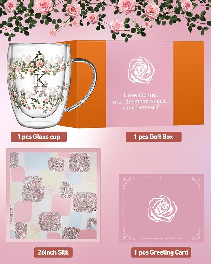 Initial Glass Cup for Women, 12oz Rose Double Walled Glass Coffee Mugs, Personalized Gifts for Women, Initial Coffee Tea Mug with Scarf, Birthday Wedding Gifts for Her Mom Teacher (ROSE-Y) - Bloomnest