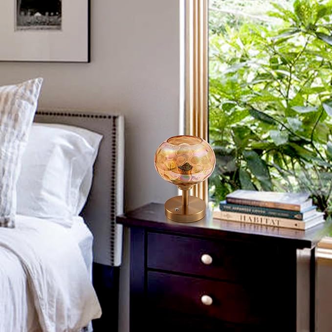 Touch Control Hammered Glass Table Lamp Brass Gold Portable Dimmable Brightness Small Nightstand Light 3-Way Stepless Dimming Bedside Bedroom Living Room (Colorful Amber Glass & Gold) - Bloomnest