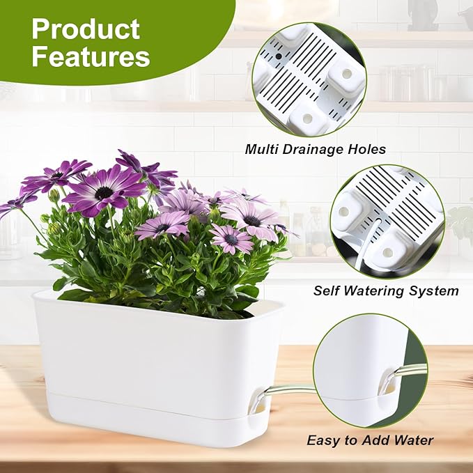 10 Inch Self Watering Planters for Indoor Plants: 4 Packs Rectangular Plant Pots with with Drainage and Tray, Window Pot Self Watering Planter for Herb, Houseplants - Bloomnest