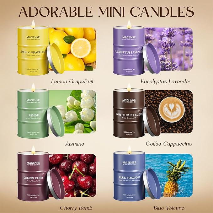 Fall Candle Gift Set | Mini Scented Candles Set|6 Pack Candles for Home Scented,Lemon Grapefruit Eucalyptus Lavender Jasmine Coffee Cherry Candle,Gift Set for Women and Men,Soy Wax 21 oz 105 Hour - Bloomnest