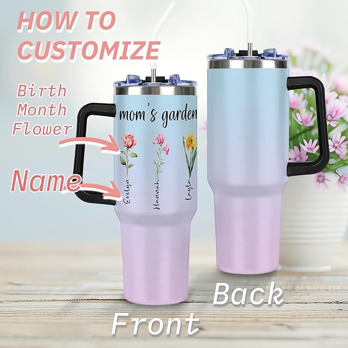 Personalized Birth Flower Tumbler with Handle and Straw Lid, Custom 40oz Cup with Name for Women, Mothers Day Birthday Gifts From Daughter, Stainless Steel Travel Coffee Tumbler, Gifts for Christmas - Bloomnest