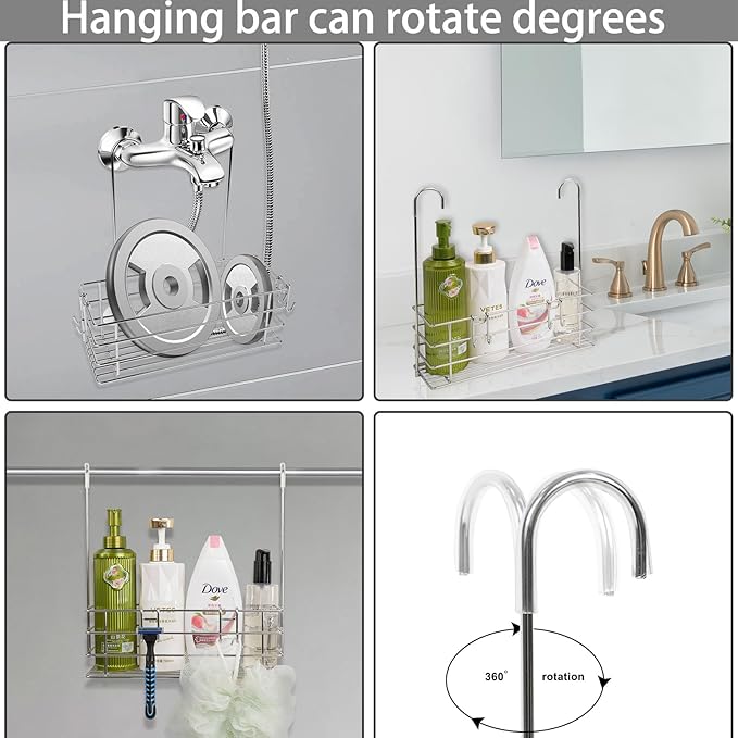 2pcs Single-Layer Hanging Shower Caddy, Rustproof Shelves Rack with Rotatable Hook bar, Large Capacity Bathroom Organizers and Storage, No Drilling Shampoo Bracket - Bloomnest