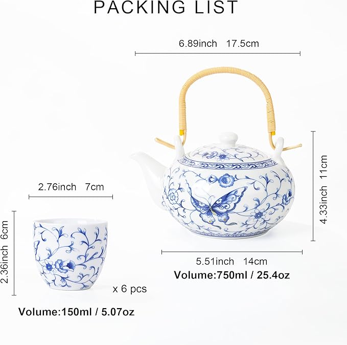 fanquare Chinese Blue and White Porcelain Tea Set with 1 Teapot Set, 6 Tea Cups, Butterfly Pattern Asian Japanese Tea Sets for Adults - Bloomnest