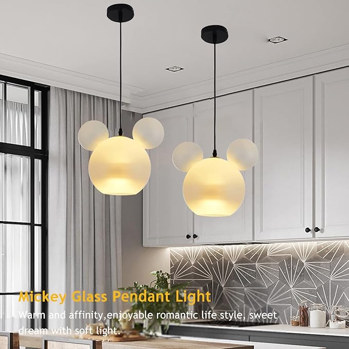 Cartoon Mouse Pendant Light Creative Personality Frosted Glass Chandelier Cute Fun Children's Bedroom Height Ceiling Lamp Shade Hanging Lights for Cafe Dining Room Bedroom, White, (001) - Bloomnest