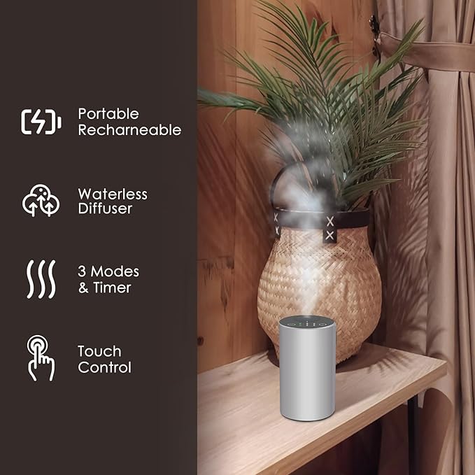 Waterless Essential Oil Diffuser, 7 Colors LED Light, Battery Powered Mini Scent Air Machine, Aromatherapy Mist Diffuser for Home Room Car Office (Silver) - Bloomnest