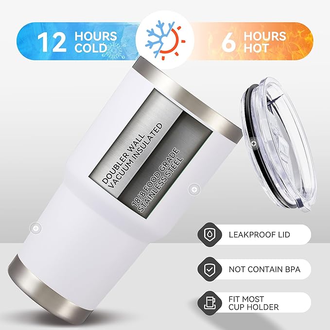 30 oz Tumbler with Lid Stainless Steel Tumblers Bulk Vacuum Insulated Cup Reusable Powder Coated Travel Mug Double Wall Leak Proof Cups Keep Cold Drinks for 12 Hours White, Set of 8 - Bloomnest