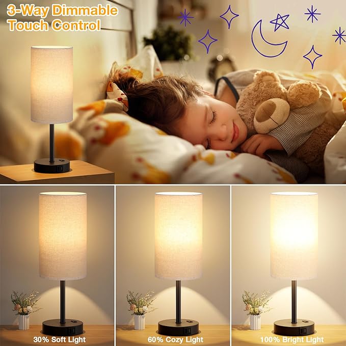 Dicoool Tall Touch Bedside Table Lamp with USB - 3 Way Dimmable Black Lamps for Bedroom Nightstand, Desk Lamp with Black Charging Station for Dorm, Office, Kids Room - Bloomnest