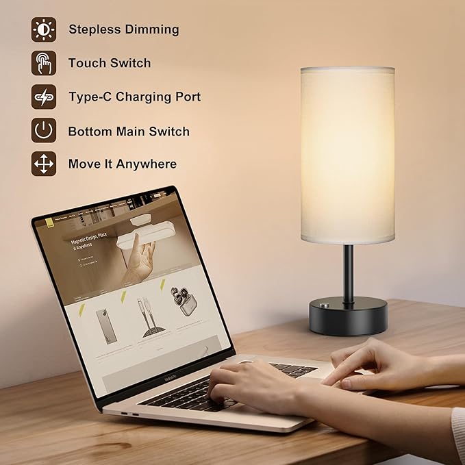 ROTTOGOON Cordless Table Lamp Touch Control Dimmable Small Bedside Table Lamps with Beige Fabric Shade 5000mAh Rechargeable Battery Powered Desk Lamp for Bedroom,Home,Office,Dorm-Black - Bloomnest