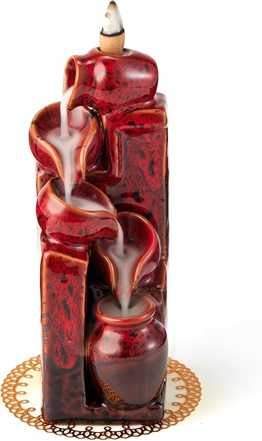 Unique Cascading Basins Ceramic Waterfall Incense Holder, Paired with a Pack of Backflow Incense Cones. (Fambe Red) - Bloomnest