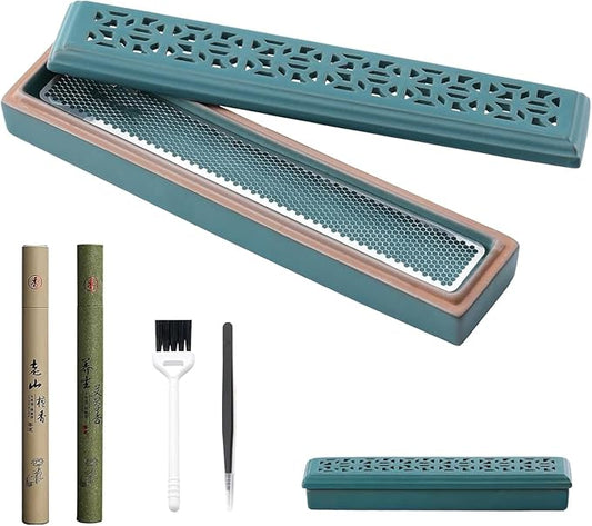 CEREMONY Incense Holder,Ceramic Incense Holder for Sticks with Ash Catcher,Coffin Style Incense Box,Incense Burner for Meditation Yoga Spa Room Decor(Green)