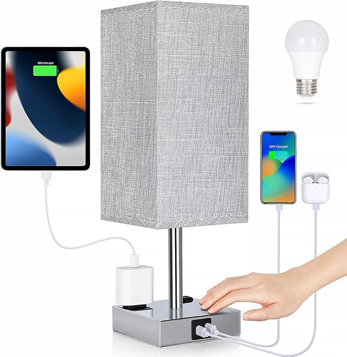 Bedside Lamp with USB Ports - Touch Control Table Lamp for Bedroom with USB C+A Charging Ports & AC Outlets, 3 Way Dimmable Nightstand Light for Living Room (LED Bulb Included, Chrome - Grey) - Bloomnest