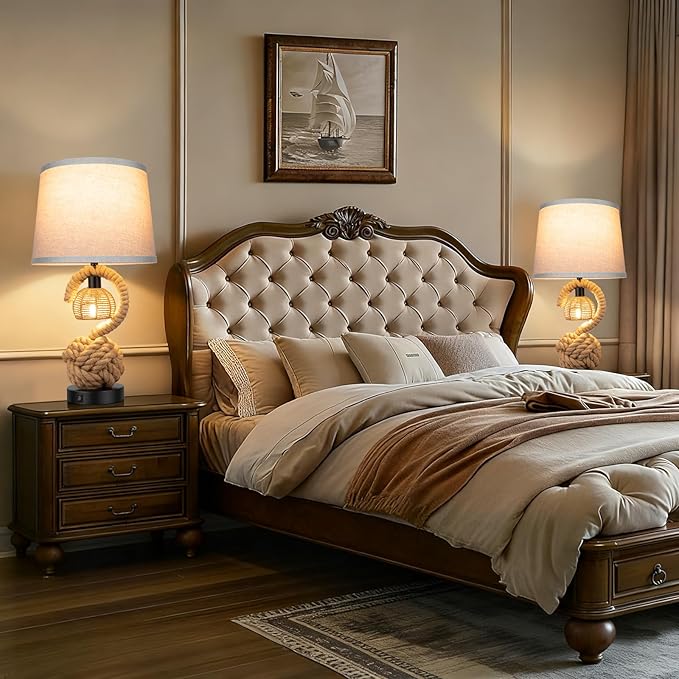 22" Rope Lamps for Night Stands, Dual-Lights Bedside Lamps Set of 2, Boho Table Lamps for Living Room, 3-Color Temperatures Boho Lamp with Rotary Switch, Rattan Lamp with USB Ports, 4 Bulbs Included - Bloomnest
