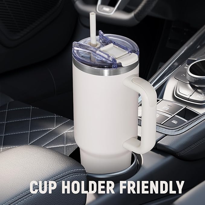 40 oz Tumbler With Handle and Straw Lid, Vacuum Insulated Travel Coffee Mug Stainless Steel Insulated Cup for Beverages, Leak-proof, Cupholder Friendly (Beige) - Bloomnest