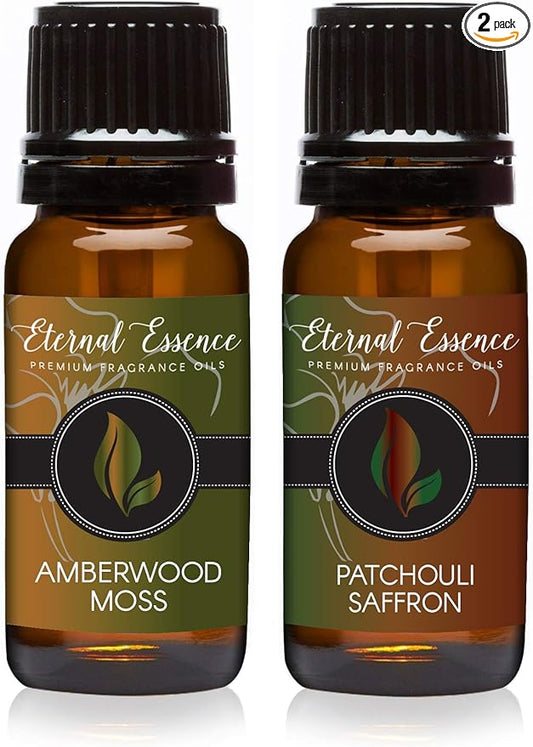 Eternal Essence Oils 2 Pack 10ml Premium Fragrance Oil - Amberwood Moss & Patchouli Saffron - for Candle, Soap Making, Aromatherapy, Diffusers, Home Care, & Humidifiers EternalEssenceOils