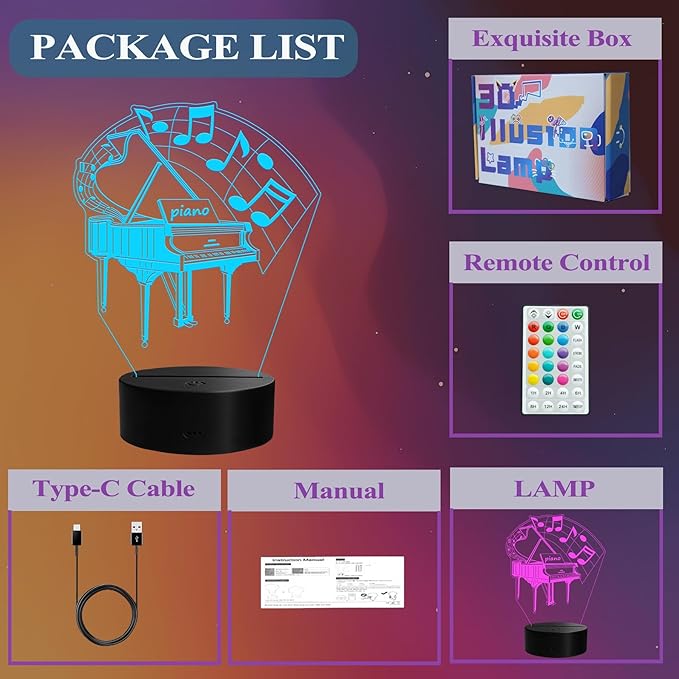 Piano Night Light, Music Piano Gifts, 3D Illusion Lamp with Remote Control, 16 RGB Colors, 4 Flashing Modes, Timer, Dimmable, Kids Music Room Decoration for Holiday Birthday Christmas - Bloomnest